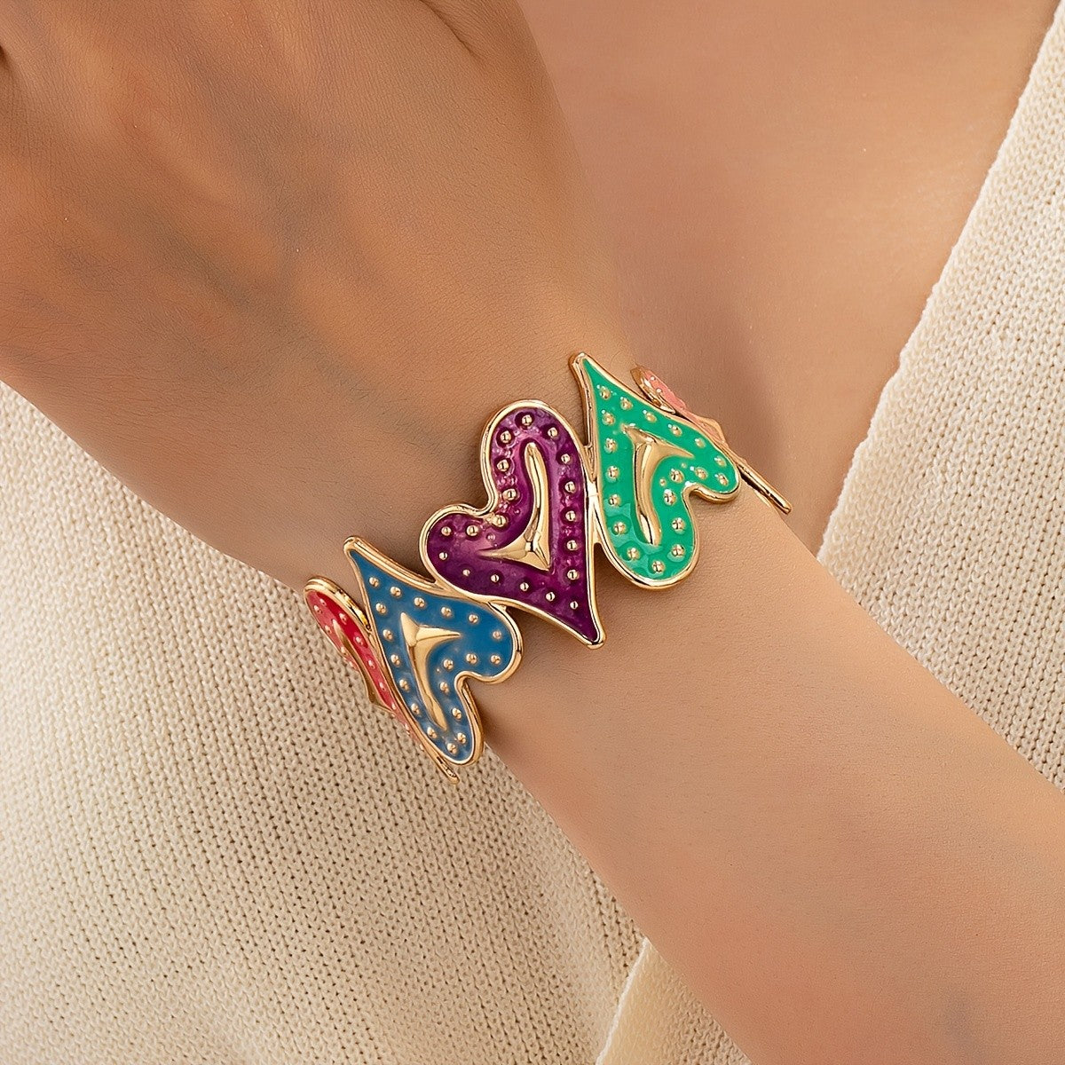 Colorful Enamel Heart Open Cuff Bracelet