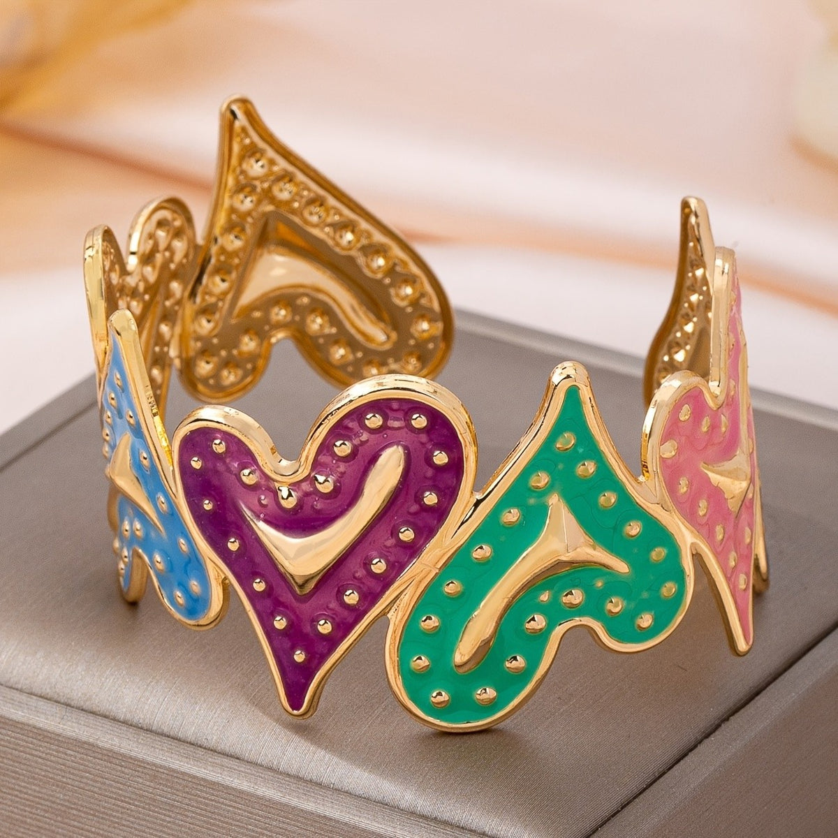 Colorful Enamel Heart Open Cuff Bracelet