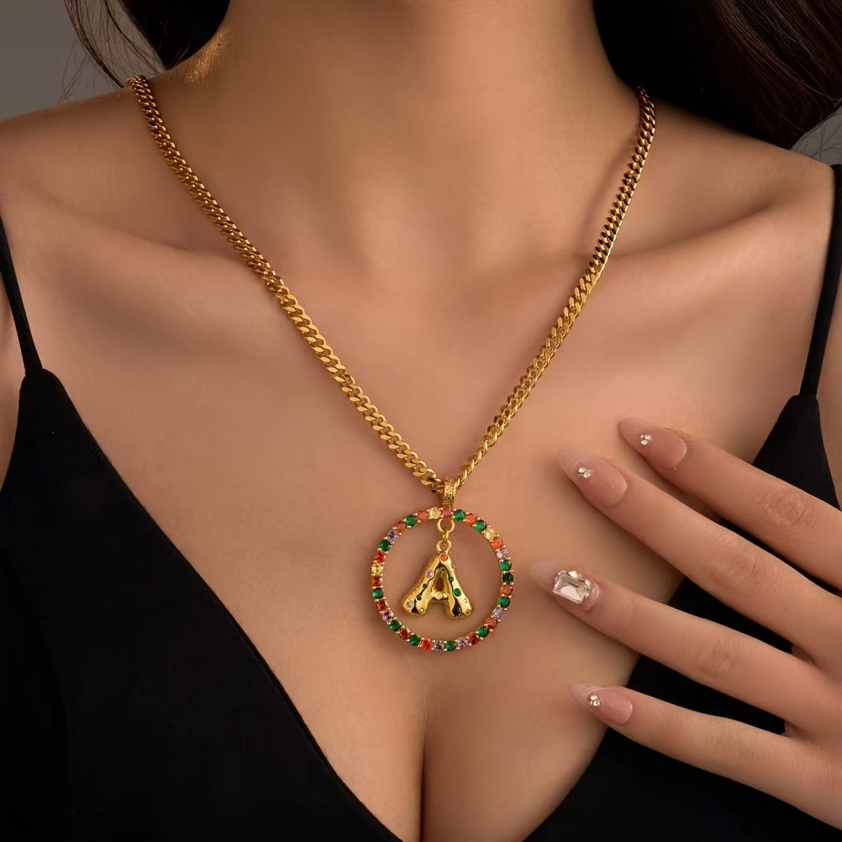 Multicolor Stone Initial Circle Necklace