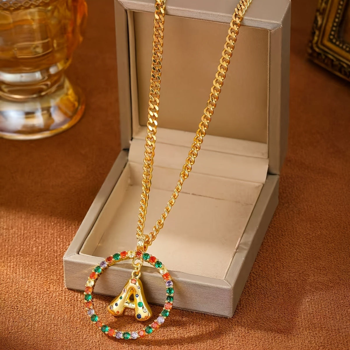 Multicolor Stone Initial Circle Necklace