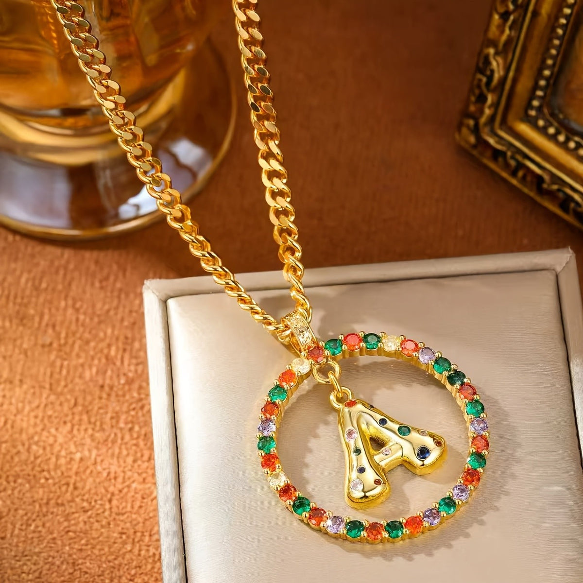 Multicolor Stone Initial Circle Necklace