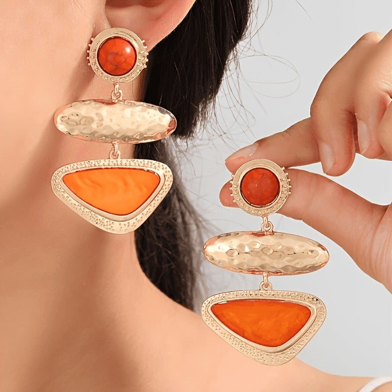 Vintage Geometric Orange Stone Drop Earrings