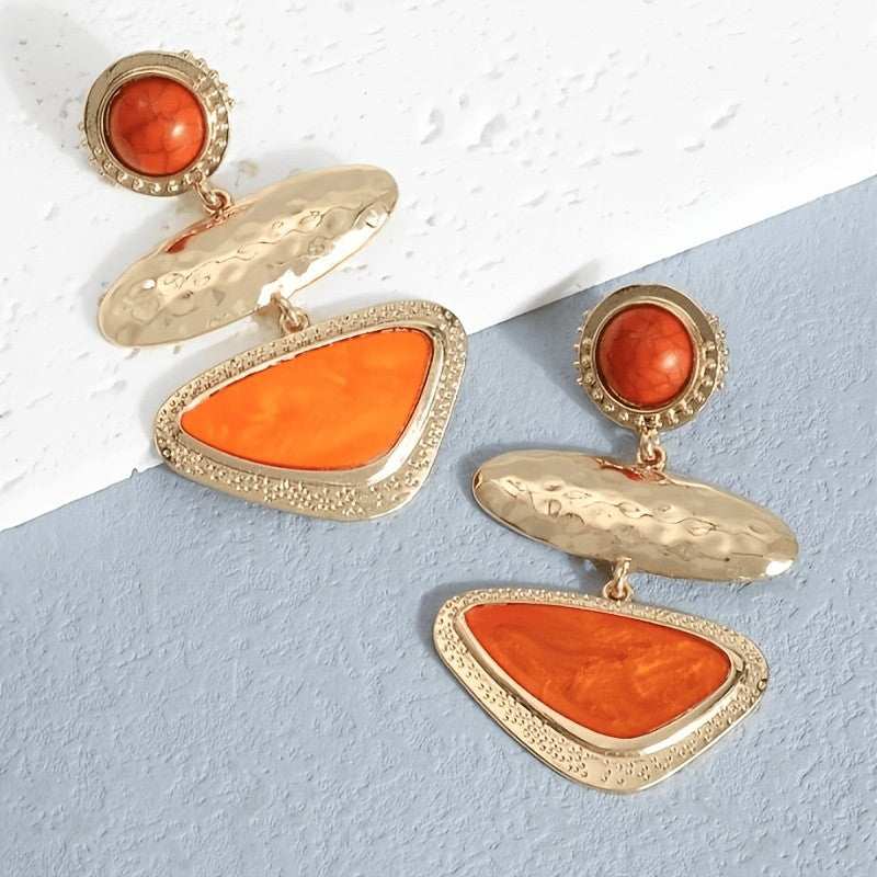 Vintage Geometric Orange Stone Drop Earrings