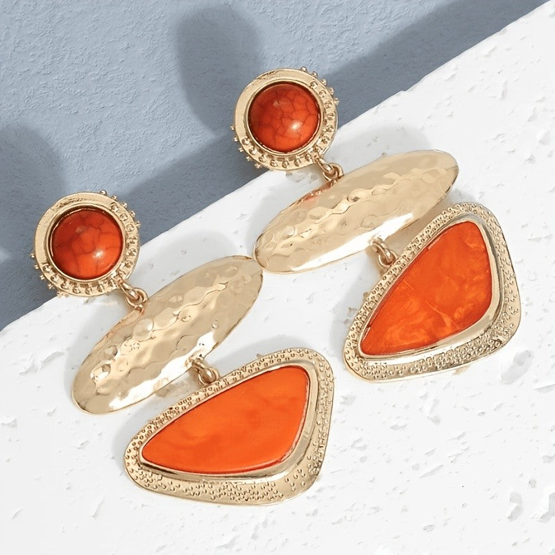 Vintage Geometric Orange Stone Drop Earrings