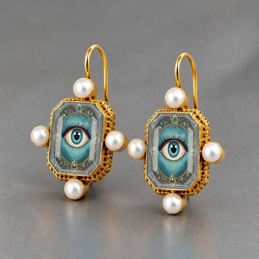 Vintage Square Evil Eye Pearl Earrings