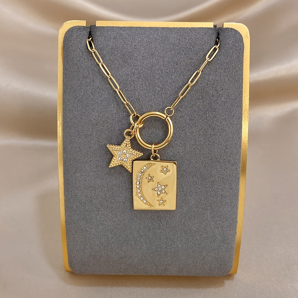 18k Moon Star Square Pendant Necklace
