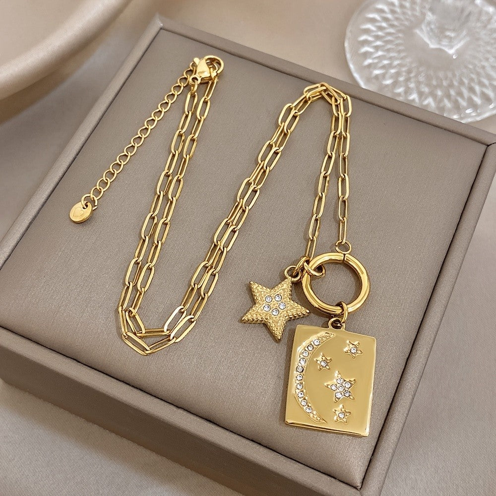 18k Moon Star Square Pendant Necklace