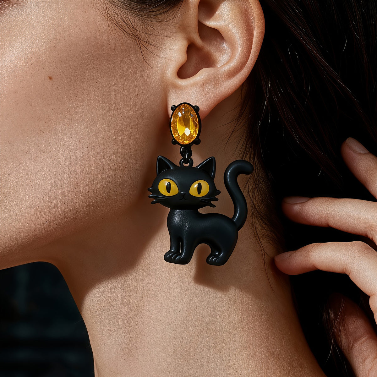 Gothic Black Cat Drop Earrings