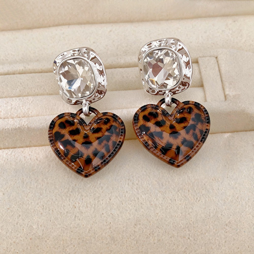 Vintage Leopard Print Heart Drop Earrings