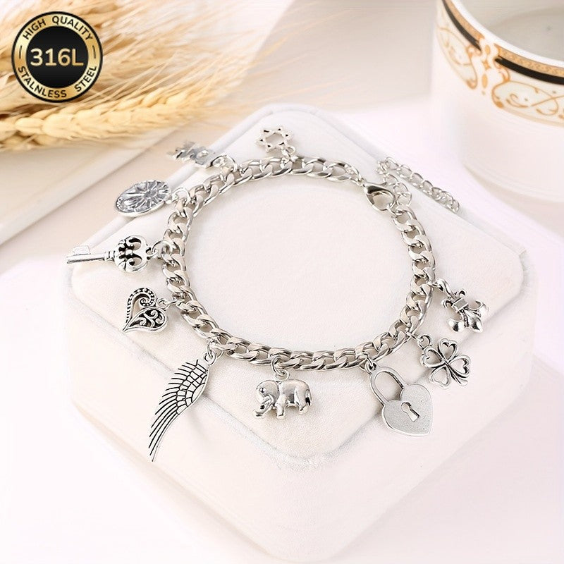 Vintage Charm Bracelet with Elephant and Wing Pendants