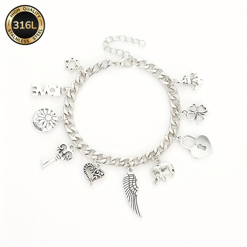 Vintage Charm Bracelet with Elephant and Wing Pendants