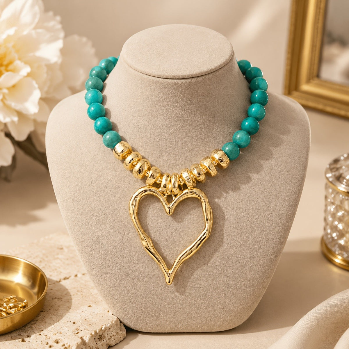 Vintage Green Bead Heart Pendant Necklace