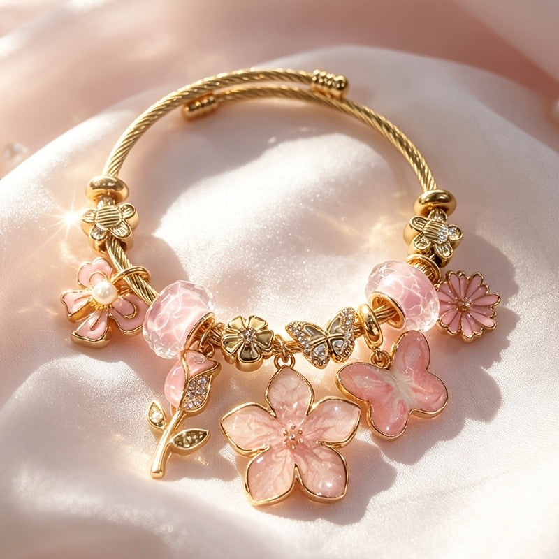 Adjustable Floral Charm Bangle