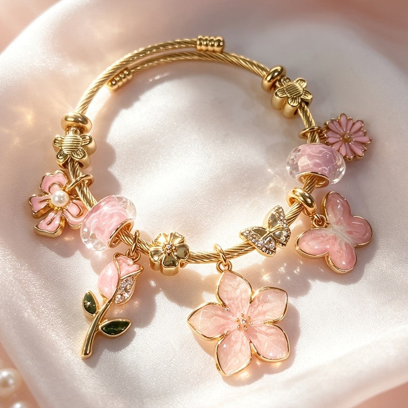 Adjustable Floral Charm Bangle