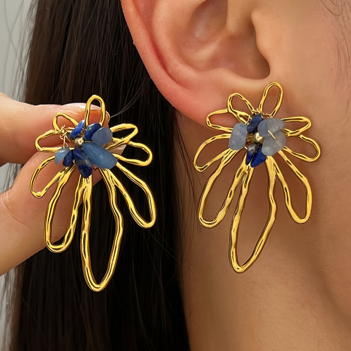 Asymmetric Hollow Flower Stone Earrings