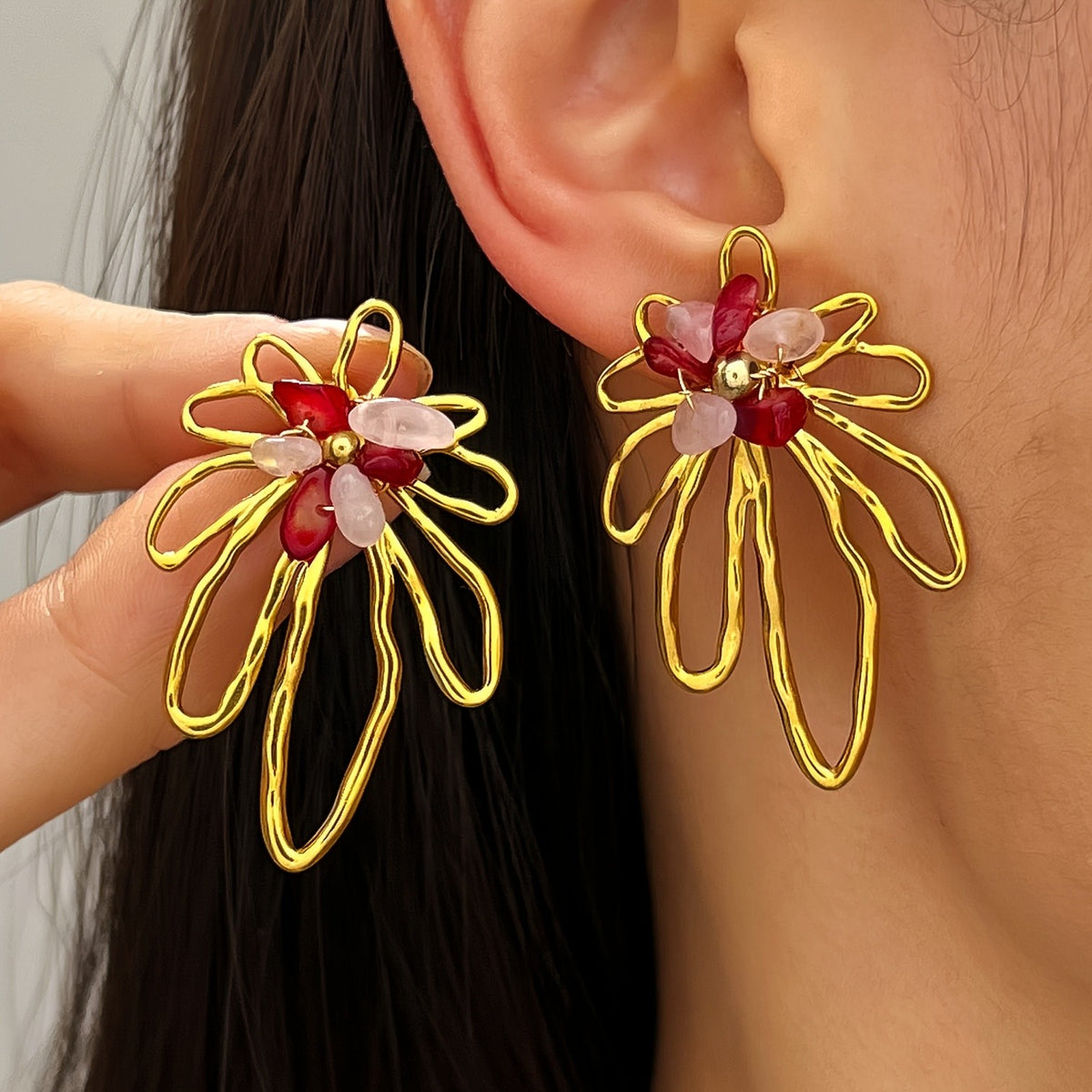 Asymmetric Hollow Flower Stone Earrings