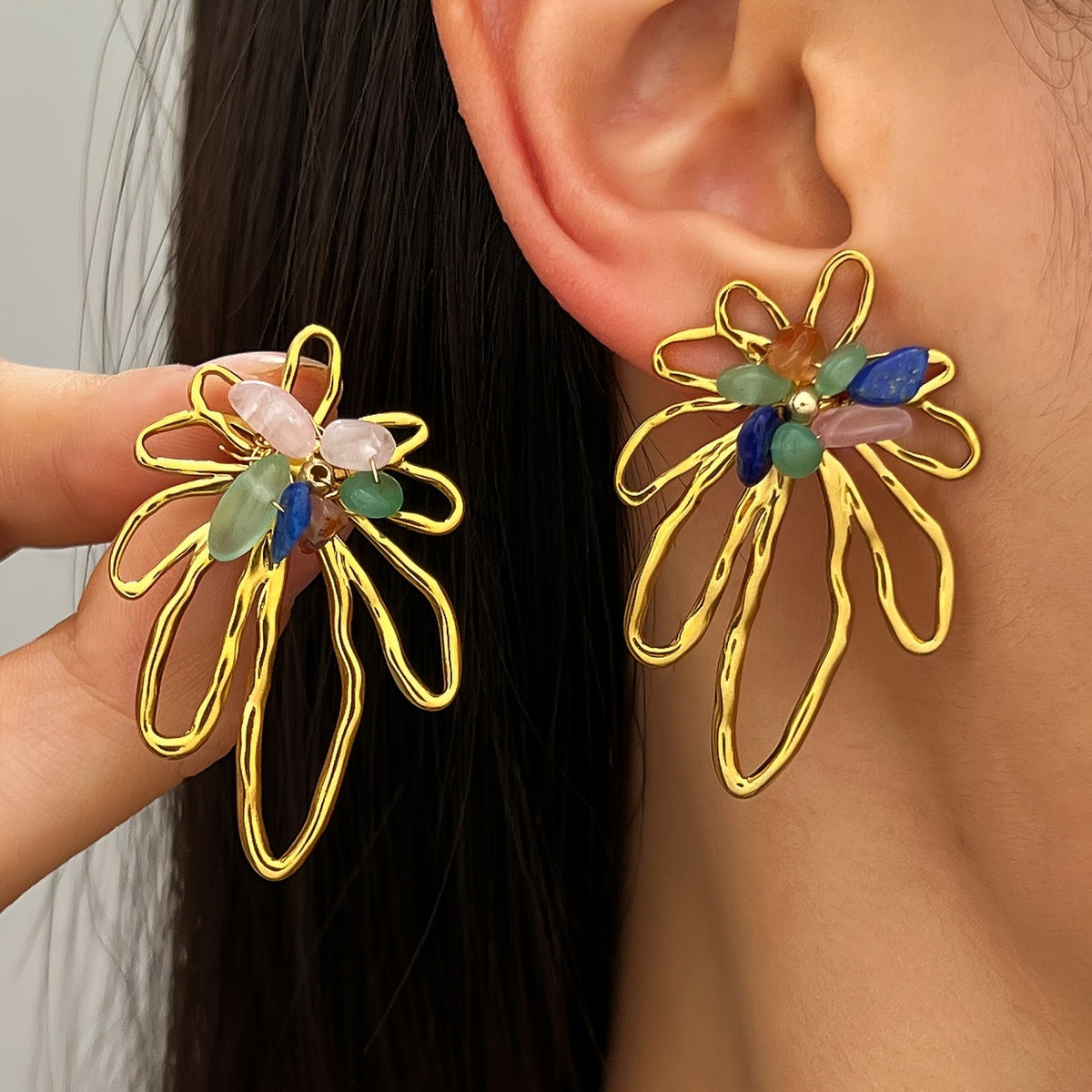 Asymmetric Hollow Flower Stone Earrings