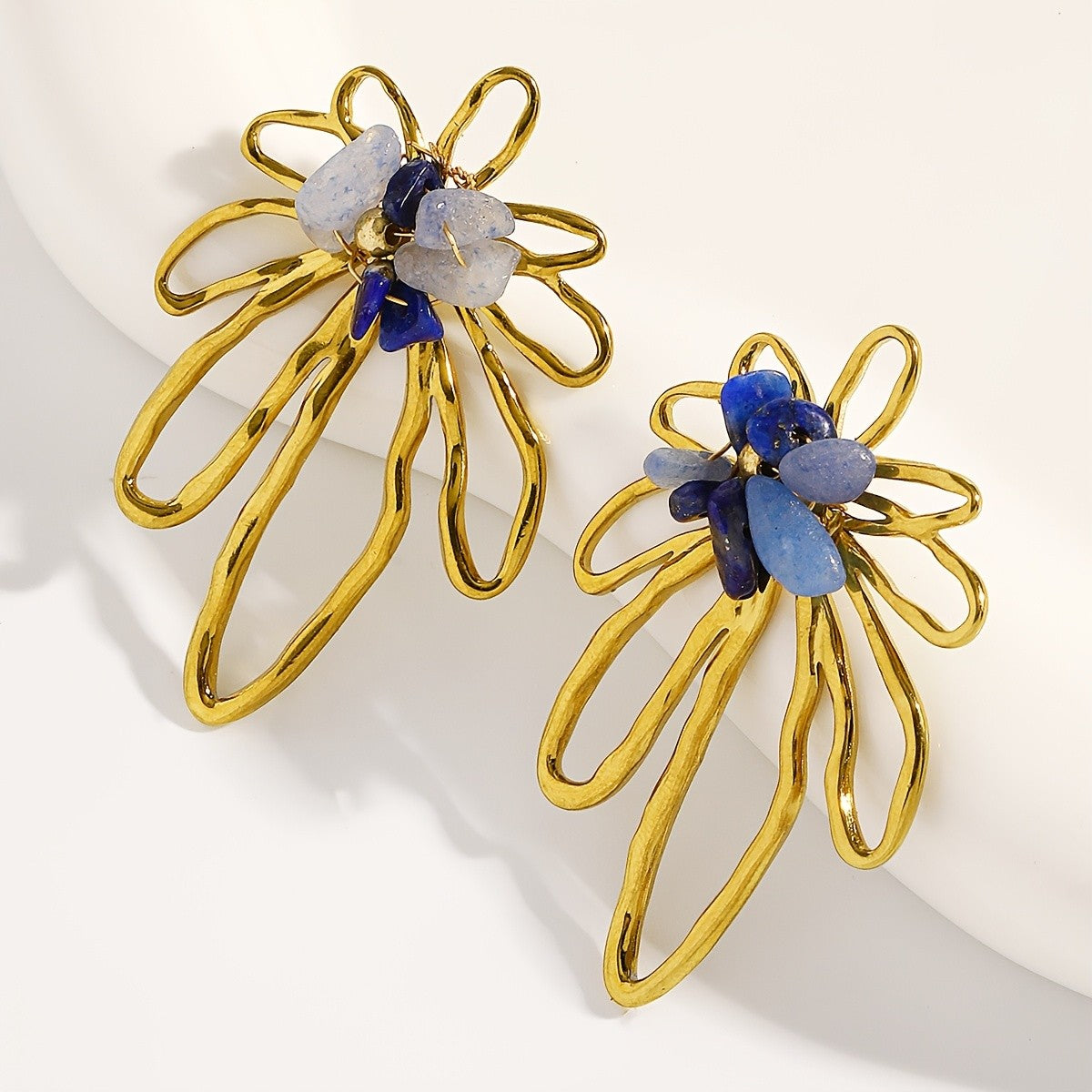 Asymmetric Hollow Flower Stone Earrings