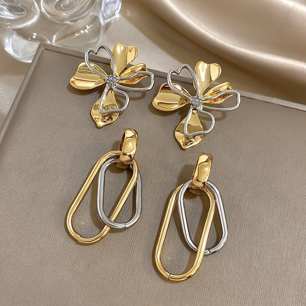 Two Tone Geometric Flower & Oval Earring Set