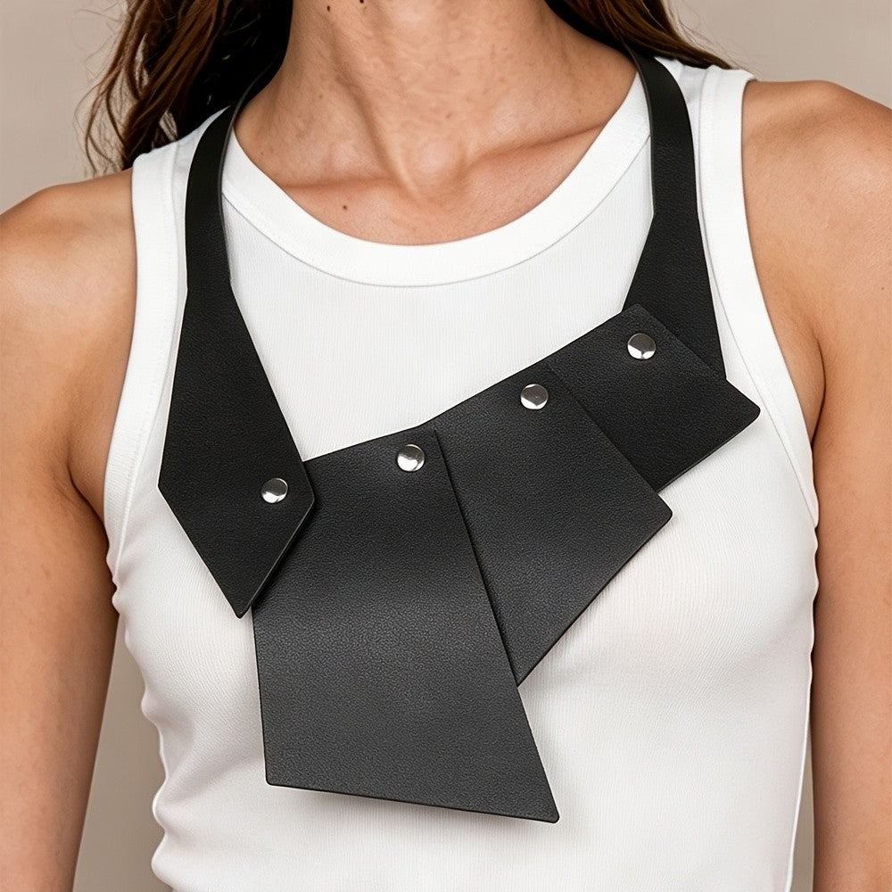 Asymmetric Geometric Black Leather Necklace