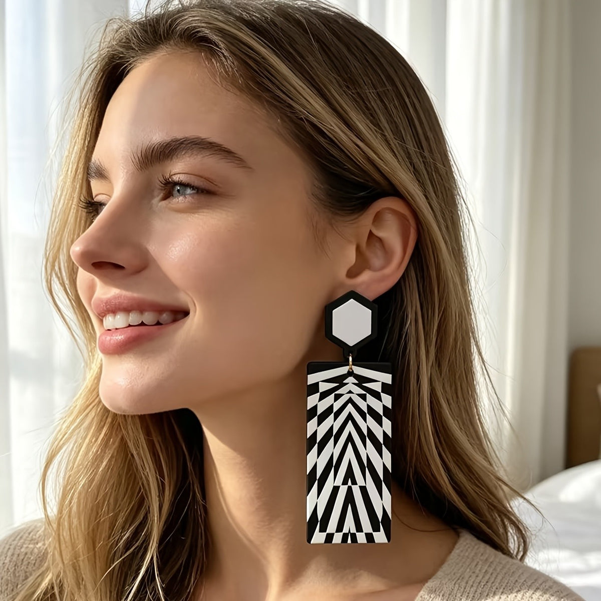 Geometric Zebra Pattern Drop Earrings