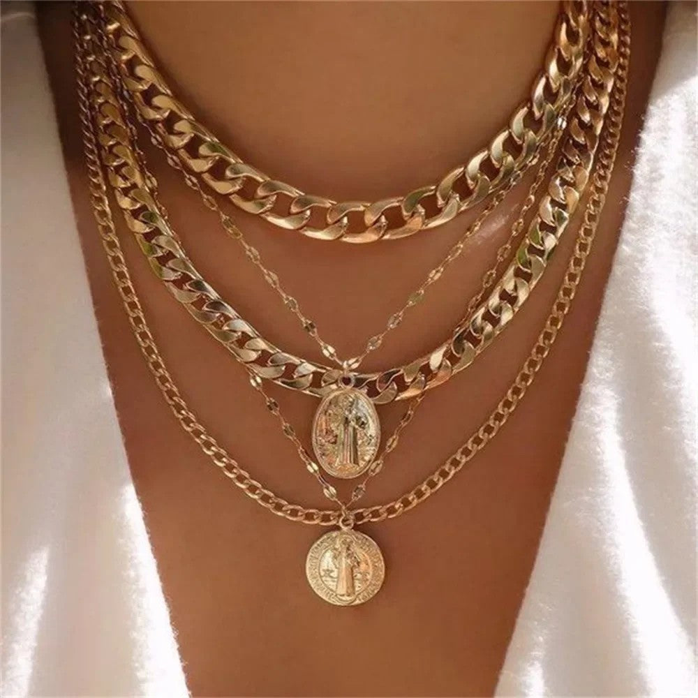 Layered Chain Coin Pendant Necklace