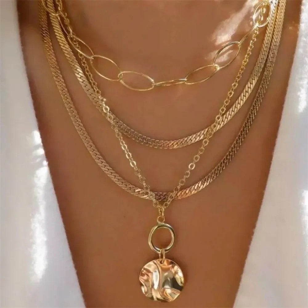 Layered Chain Coin Pendant Necklace
