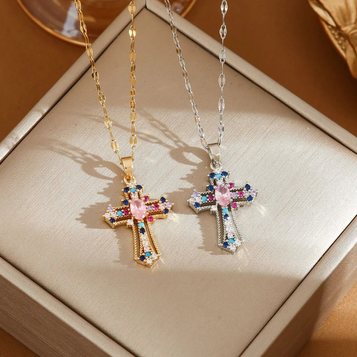 Colorful Stone Cross Pendant Necklace
