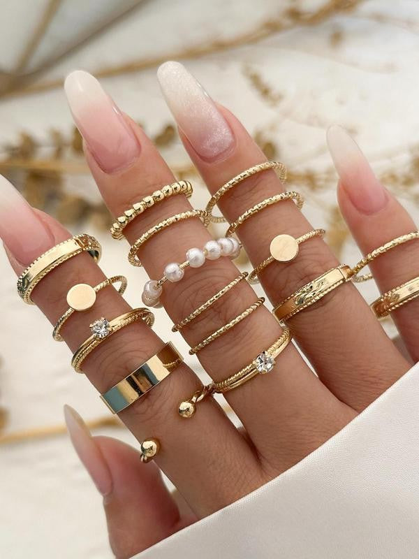 Rhinestone & Pearl Stackable Ring Set