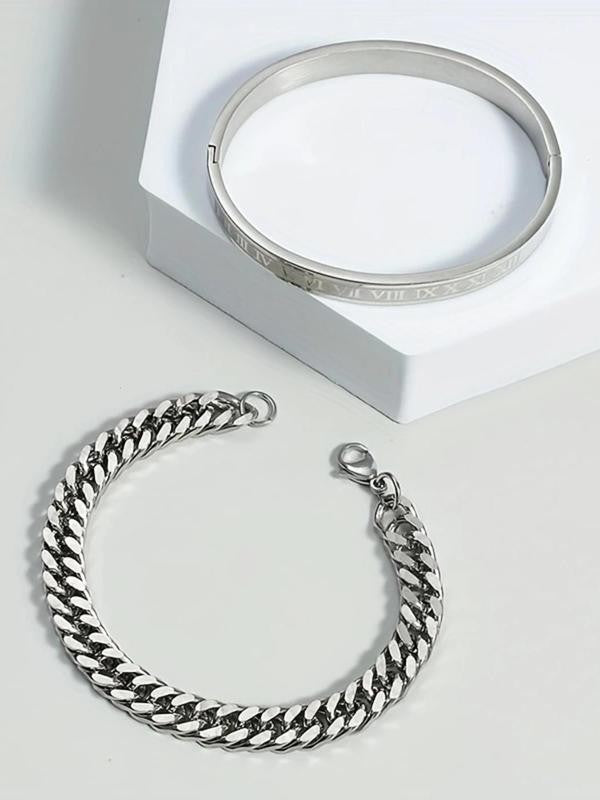Roman Numeral Bangle & Link Chain Bracelet Set