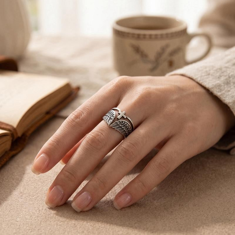 Adjustable Angel Wings Cross Ring