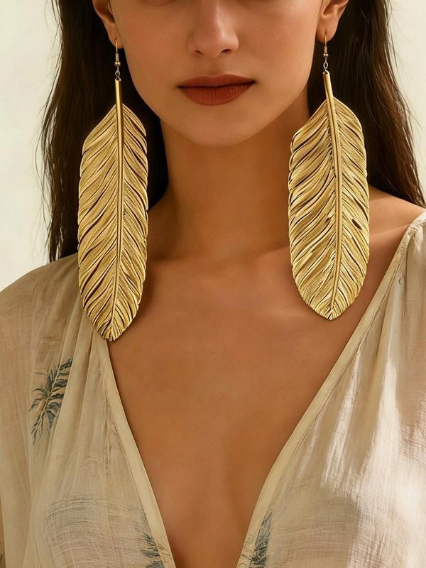 Large Gold Feather Drop Earrings