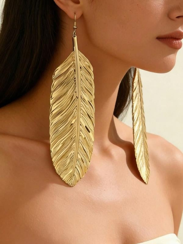 Large Gold Feather Drop Earrings