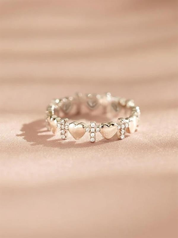 Rhinestone Cross & Heart Ring