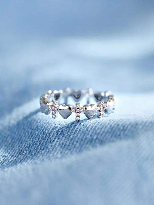 Rhinestone Cross & Heart Ring