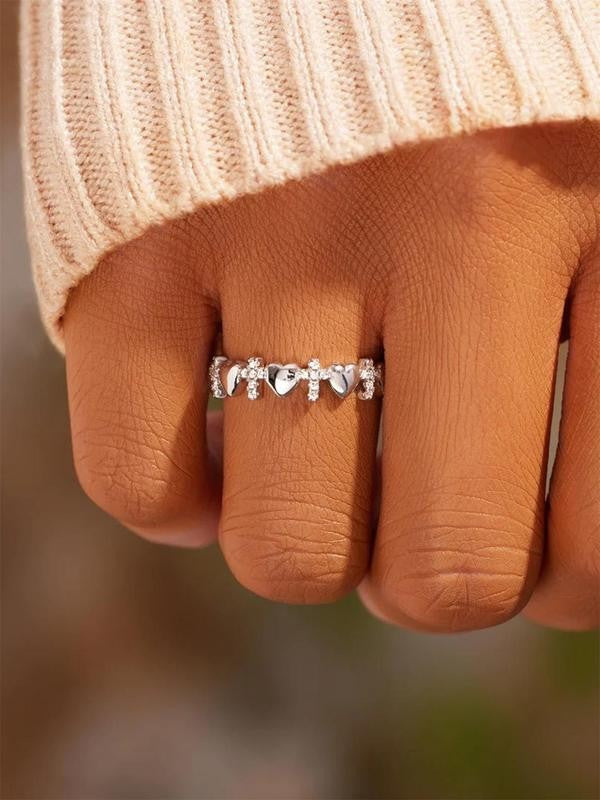 Rhinestone Cross & Heart Ring