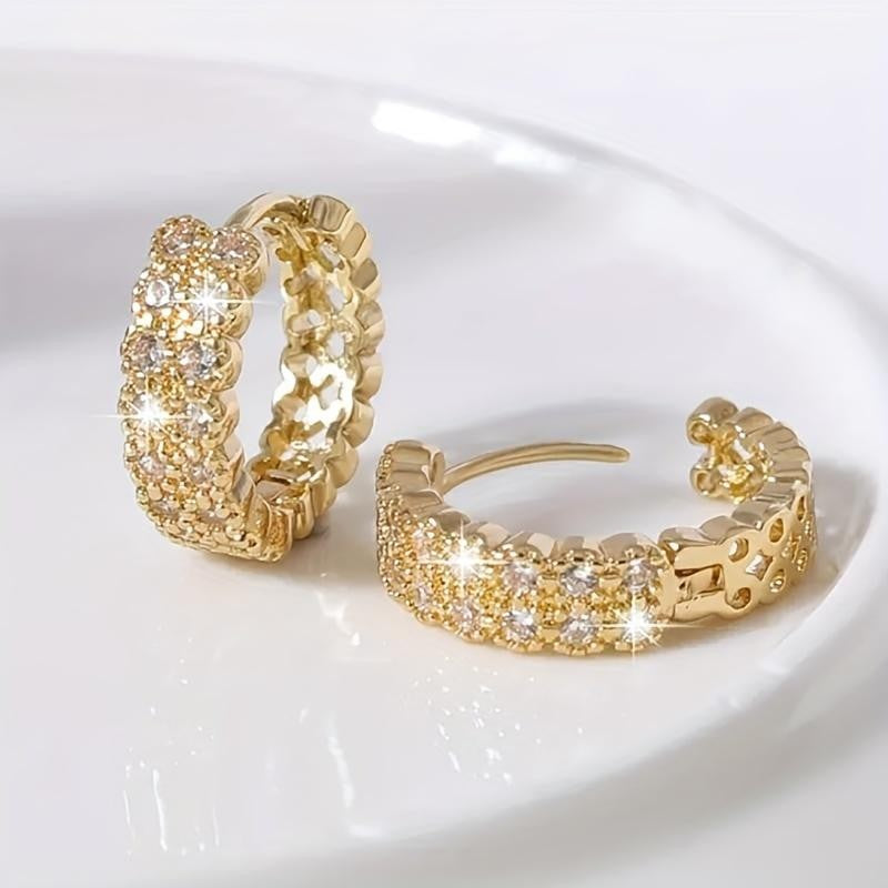 Golden Double Row Stone Hoop Earrings