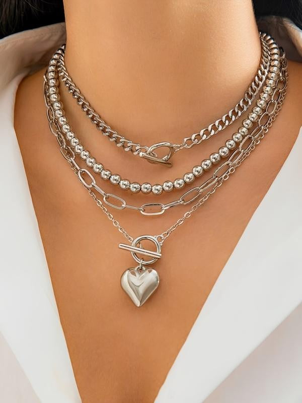 Layered Gold Heart Pendant Necklace Set