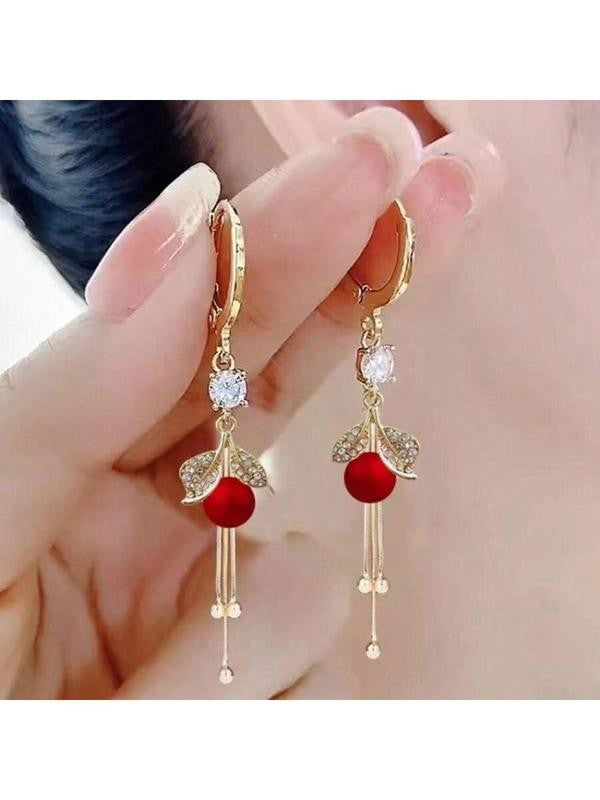 Red Bead Leaf Tassel Drop Earrings