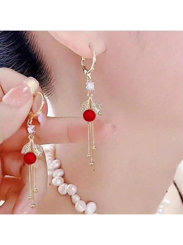 Red Bead Leaf Tassel Drop Earrings