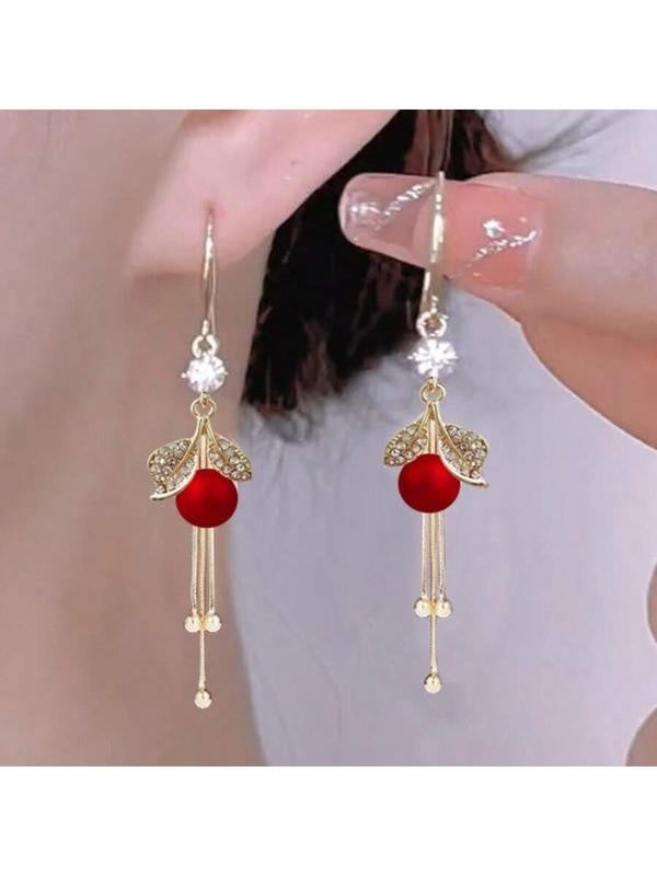 Red Bead Leaf Tassel Drop Earrings