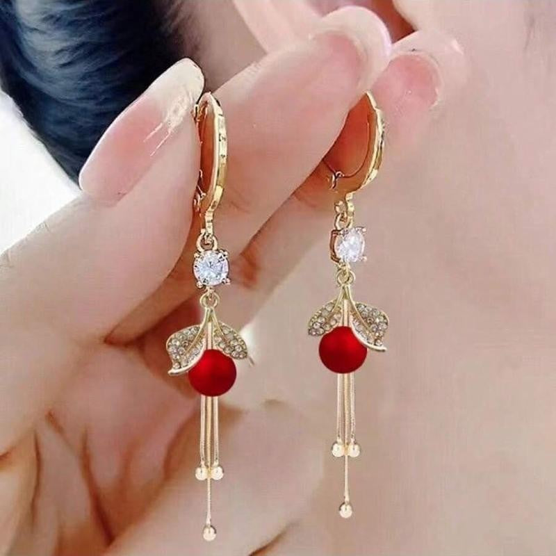 Red Bead Leaf Tassel Drop Earrings
