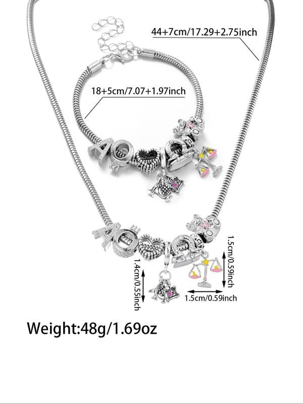 Alloy Letter Heart Bear Charm Necklace