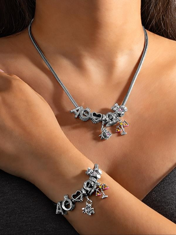 Alloy Letter Heart Bear Charm Necklace