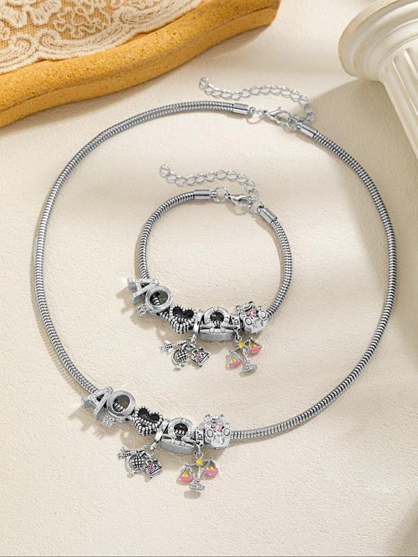 Alloy Letter Heart Bear Charm Necklace