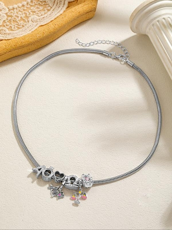 Alloy Letter Heart Bear Charm Necklace