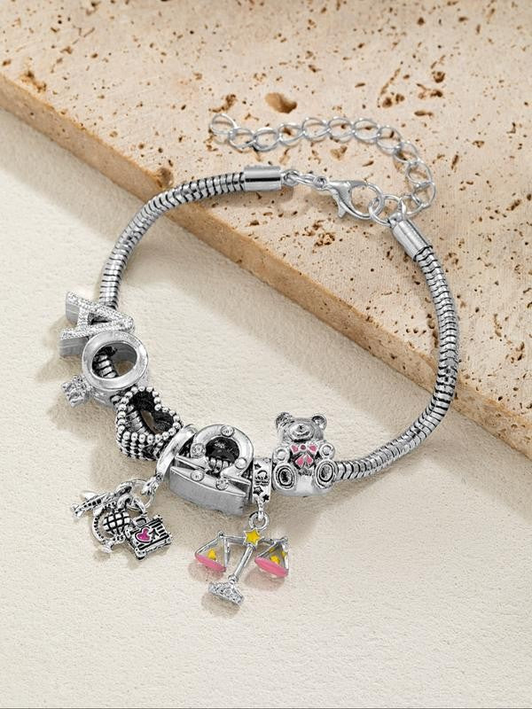 Alloy Letter Heart Bear Charm Necklace
