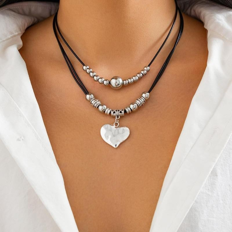 Layered Leather Heart Bead Necklace