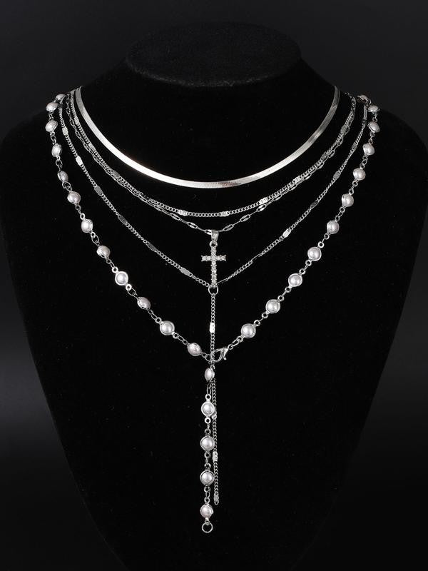 Layered Pearl Cross Necklace