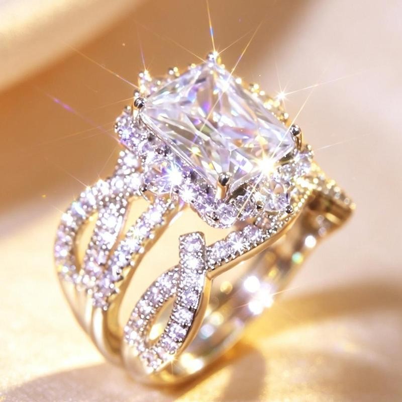 Emerald Cut Halo & Twisted Band Ring Set